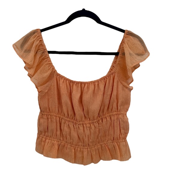 Express Tops - Express Women's‎ M Peach Ruffle Smocked Peplum Top Metallic Thread Cottagecore